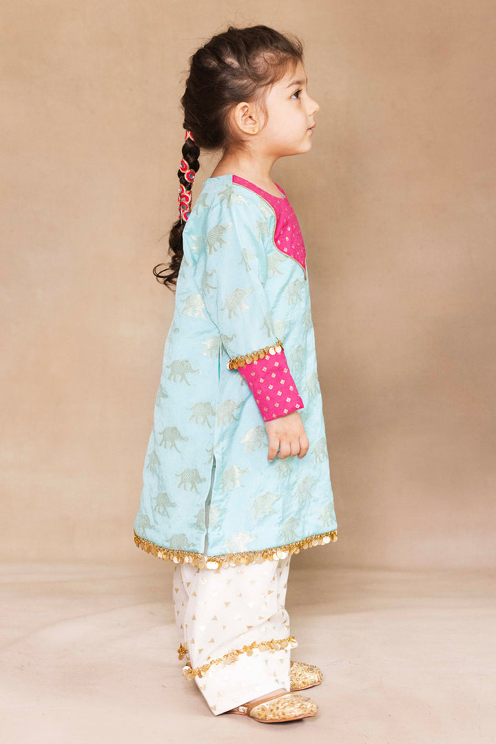 Firozi & Fuchsia Banarasi Kurta With Ivory Farshi Salwar Set