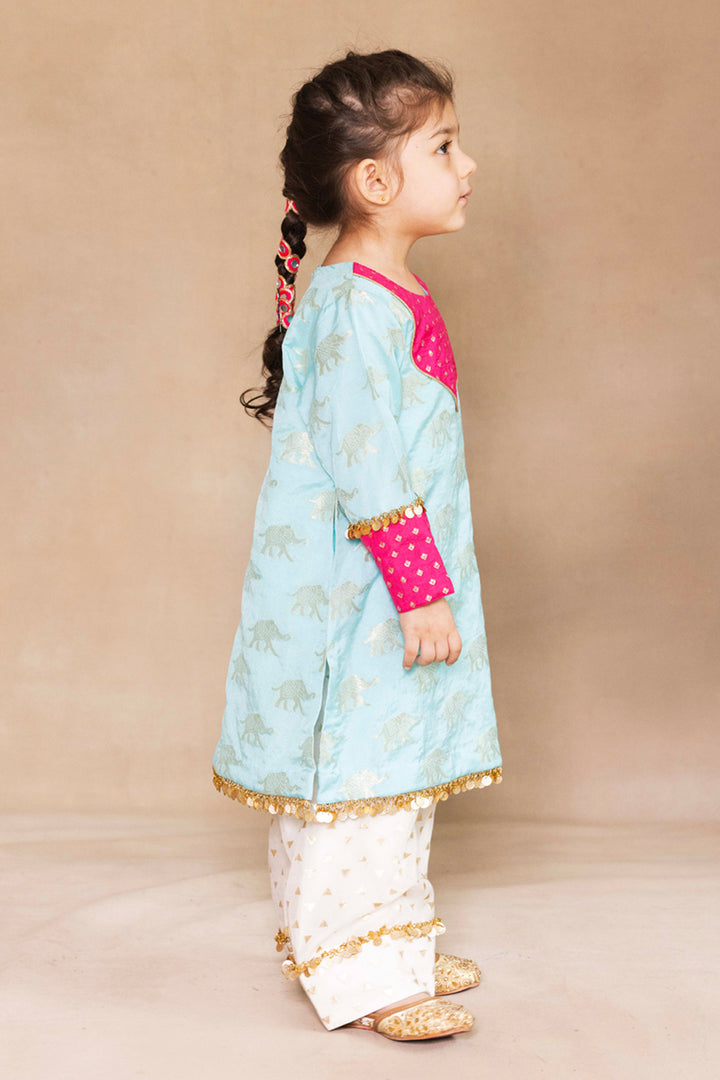 Firozi & Fuchsia Banarasi Kurta With Ivory Farshi Salwar Set