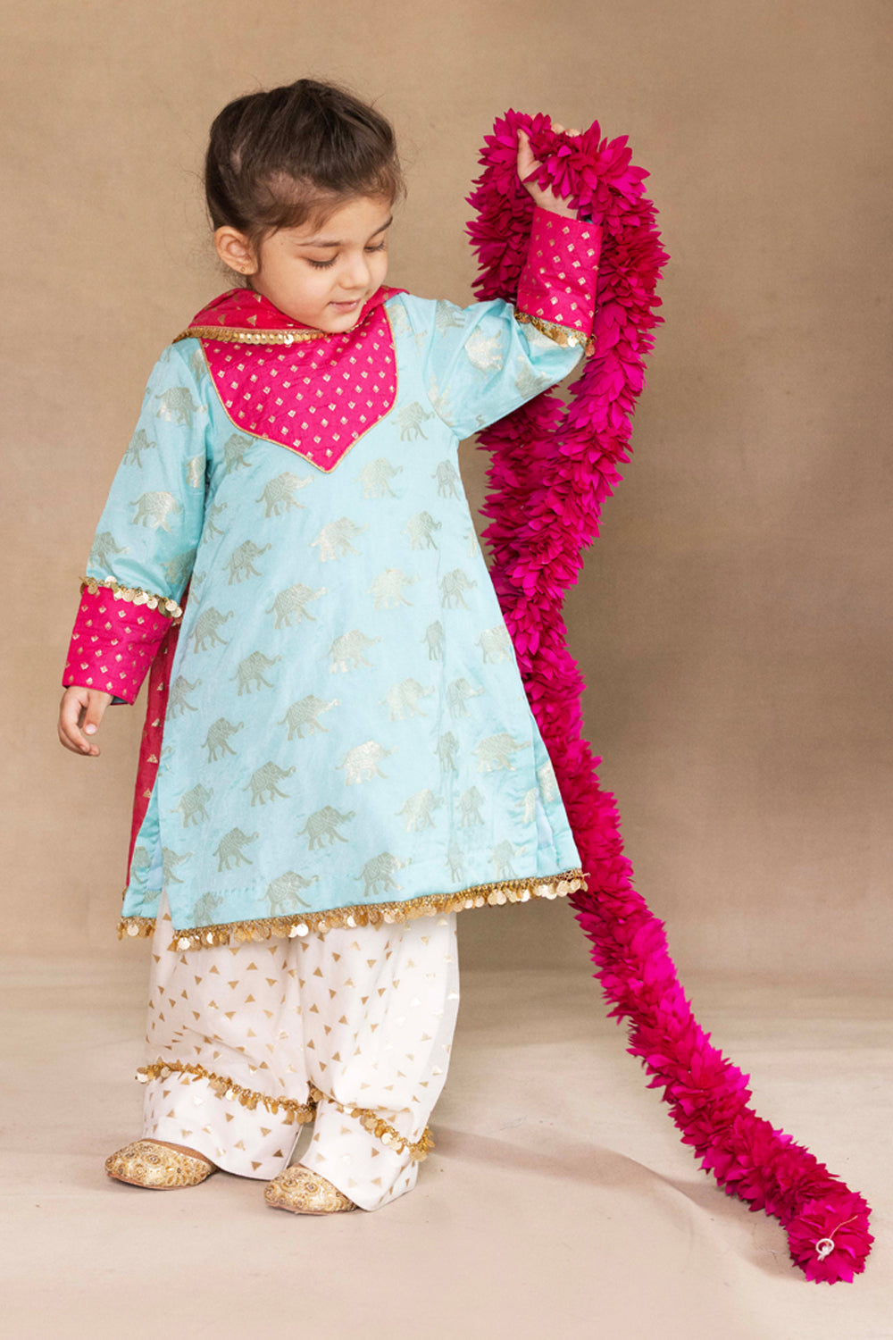 Firozi & Fuchsia Banarasi Kurta With Ivory Farshi Salwar Set