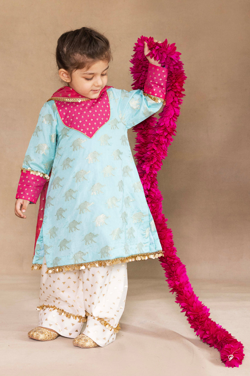 Firozi & Fuchsia Banarasi Kurta With Ivory Farshi Salwar Set