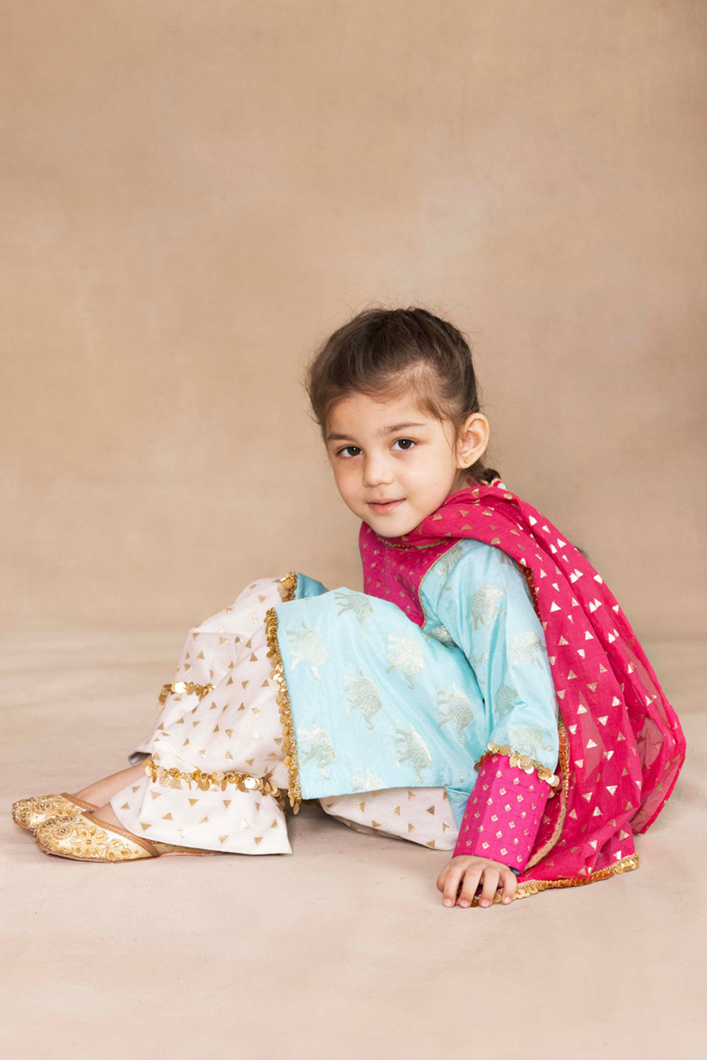 Firozi & Fuchsia Banarasi Kurta With Ivory Farshi Salwar Set
