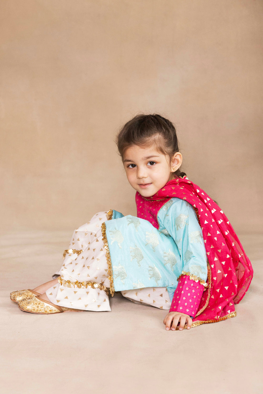 Firozi & Fuchsia Banarasi Kurta With Ivory Farshi Salwar Set