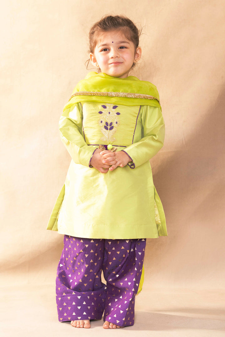Lime Green Short Kurta With Royal Purple Salwar Set