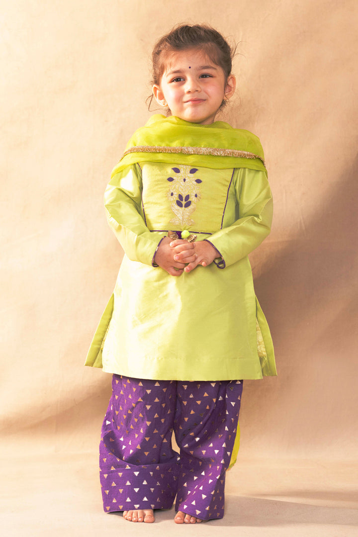 Lime Green Short Kurta With Royal Purple Salwar Set