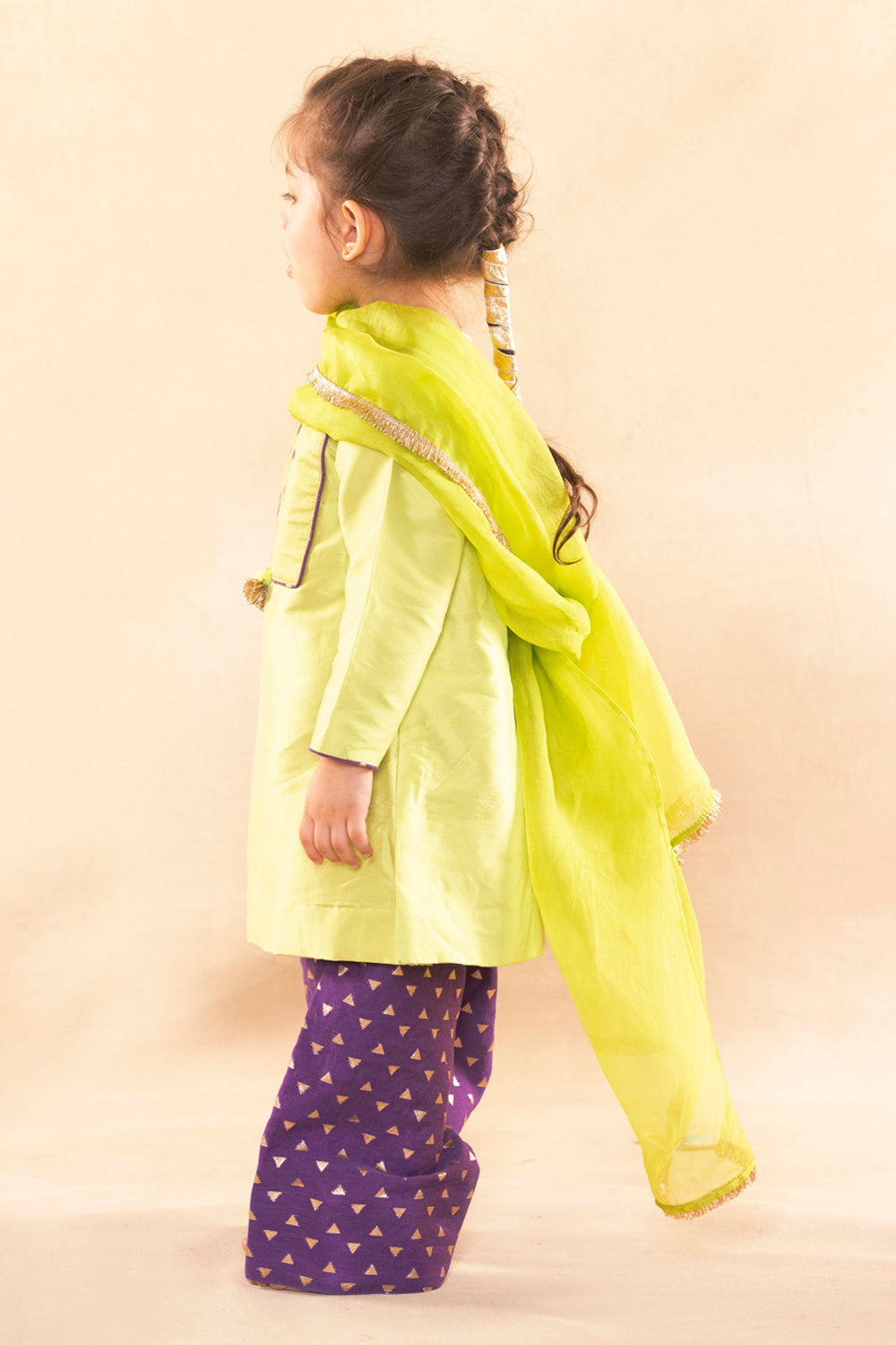 Lime Green Short Kurta With Royal Purple Salwar Set