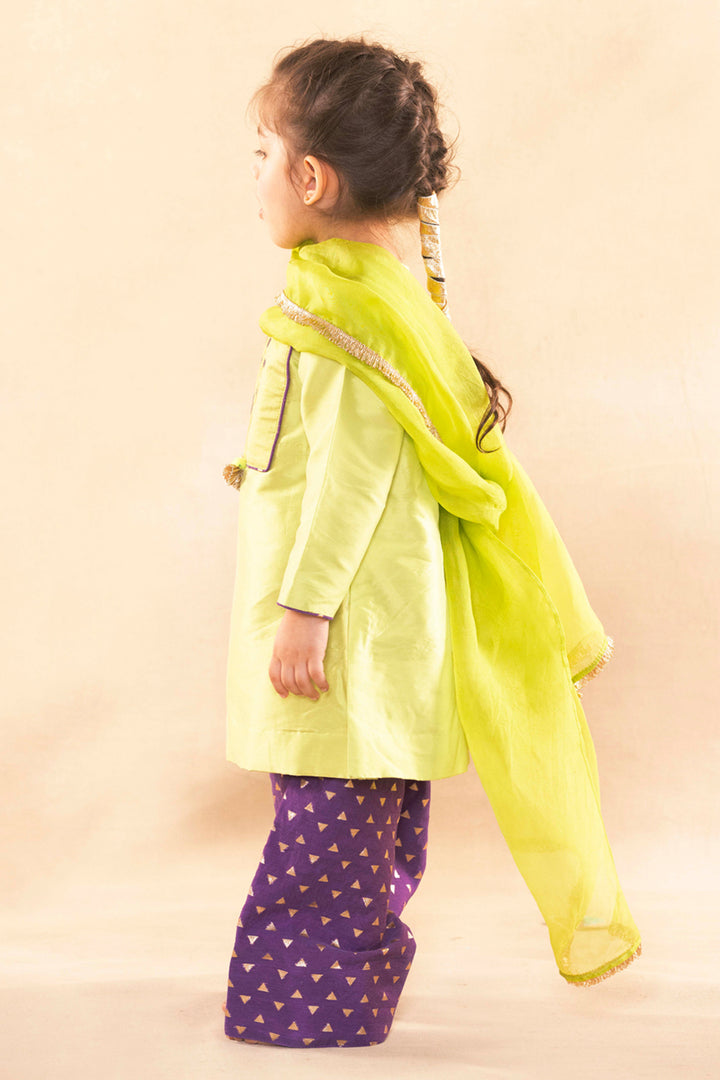 Lime Green Short Kurta With Royal Purple Salwar Set