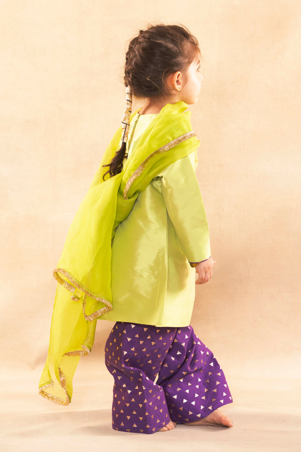 Lime Green Short Kurta With Royal Purple Salwar Set