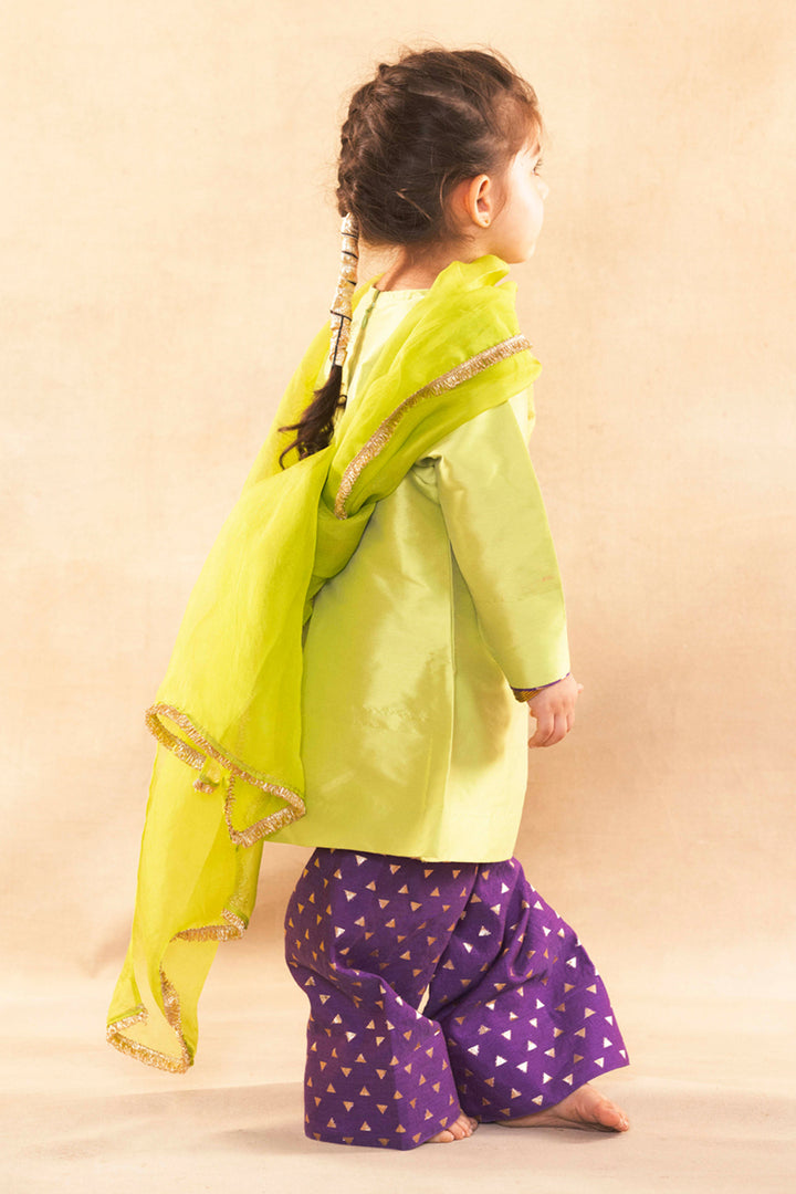 Lime Green Short Kurta With Royal Purple Salwar Set