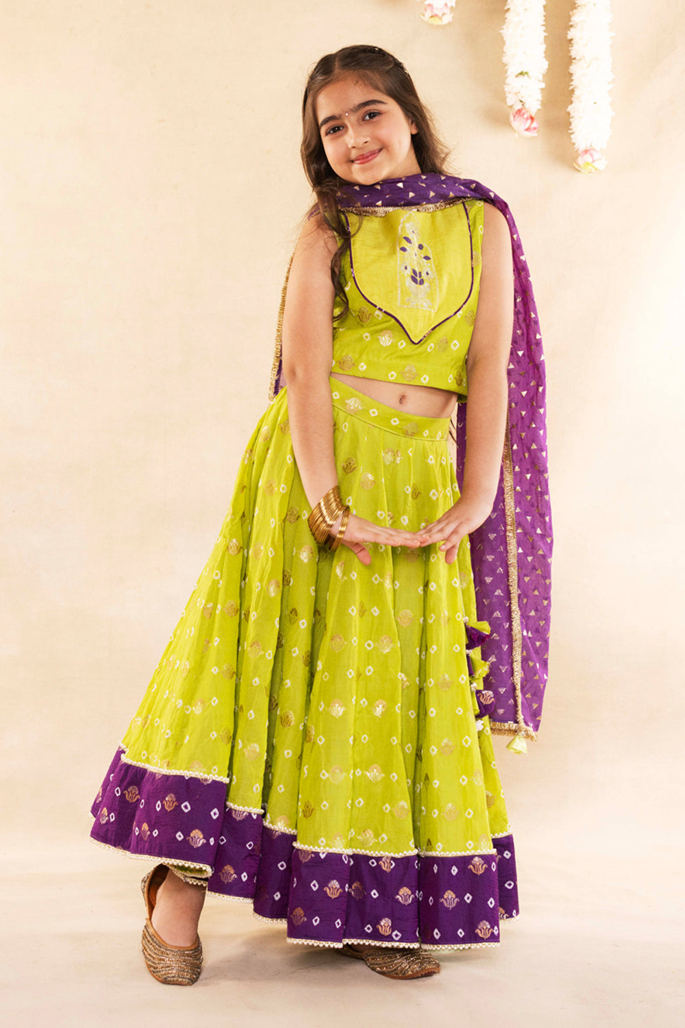 Mughal Motif Lime Green Blouse With Lime Green Lehenga Set