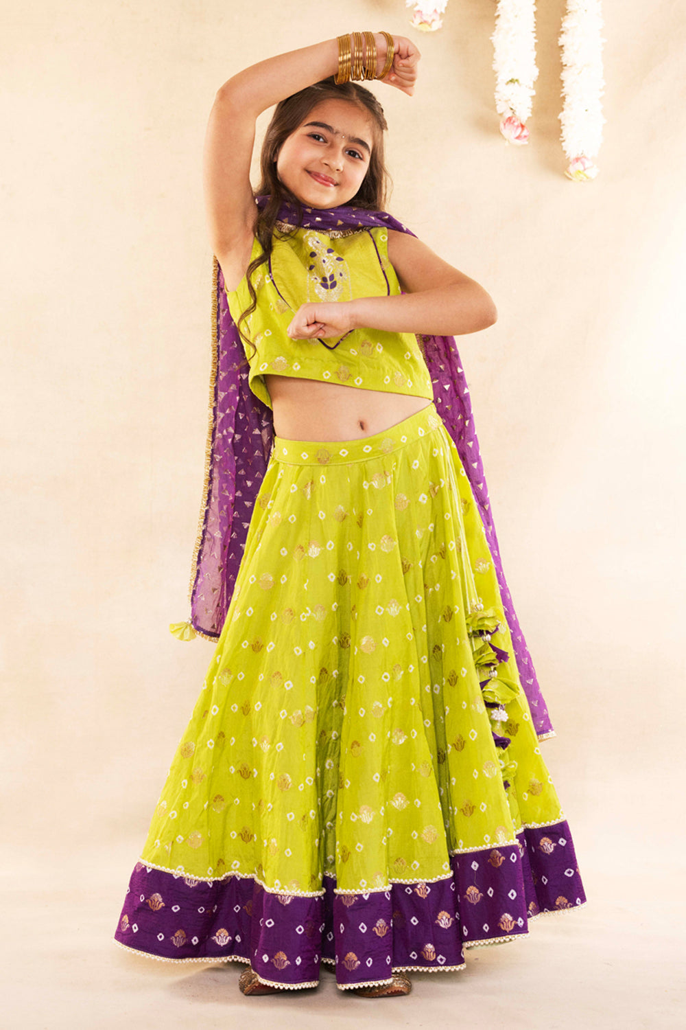 Mughal Motif Lime Green Blouse With Lime Green Lehenga Set