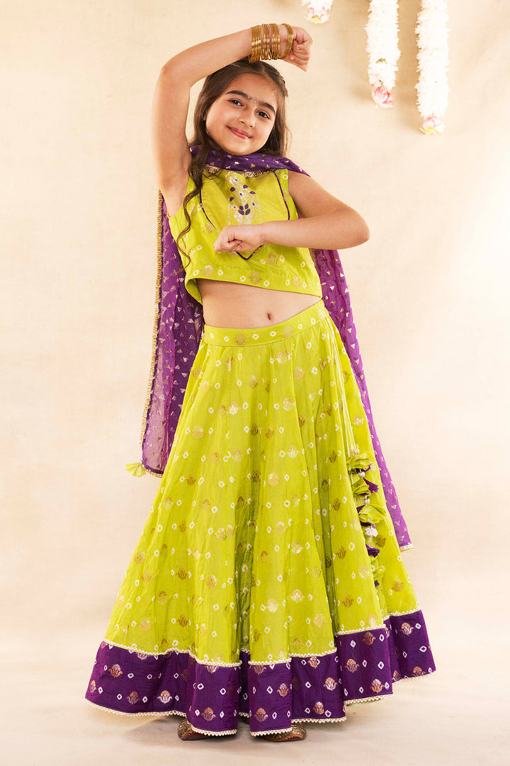 Mughal Motif Lime Green Blouse With Lime Green Lehenga Set