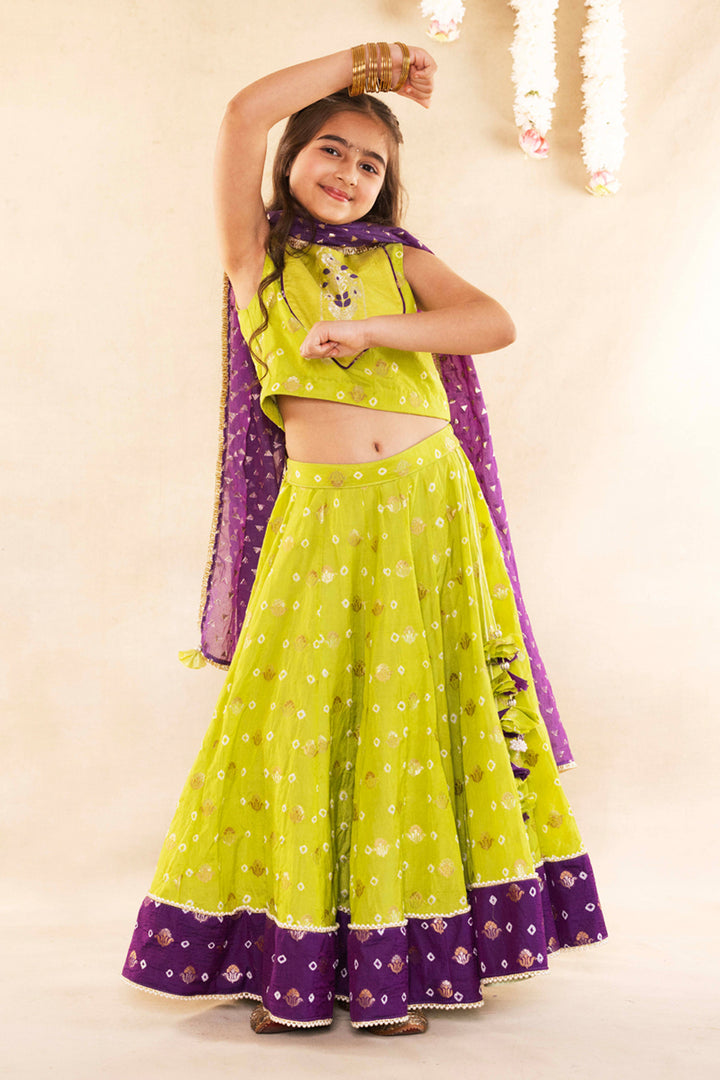 Mughal Motif Lime Green Blouse With Lime Green Lehenga Set
