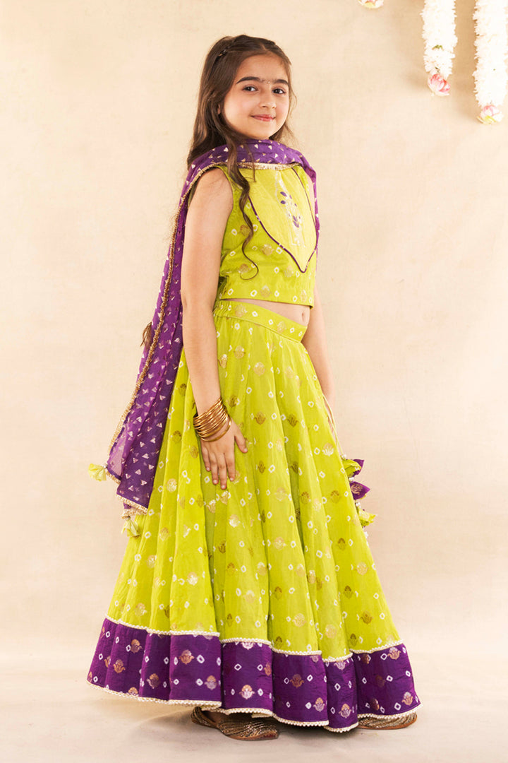 Mughal Motif Lime Green Blouse With Lime Green Lehenga Set