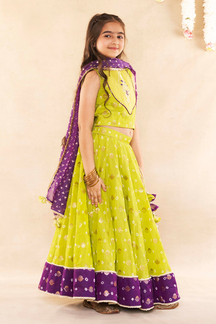 Mughal Motif Lime Green Blouse With Lime Green Lehenga Set