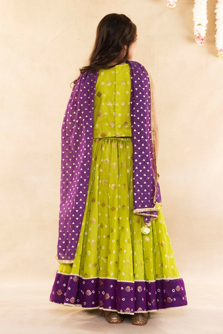 Mughal Motif Lime Green Blouse With Lime Green Lehenga Set