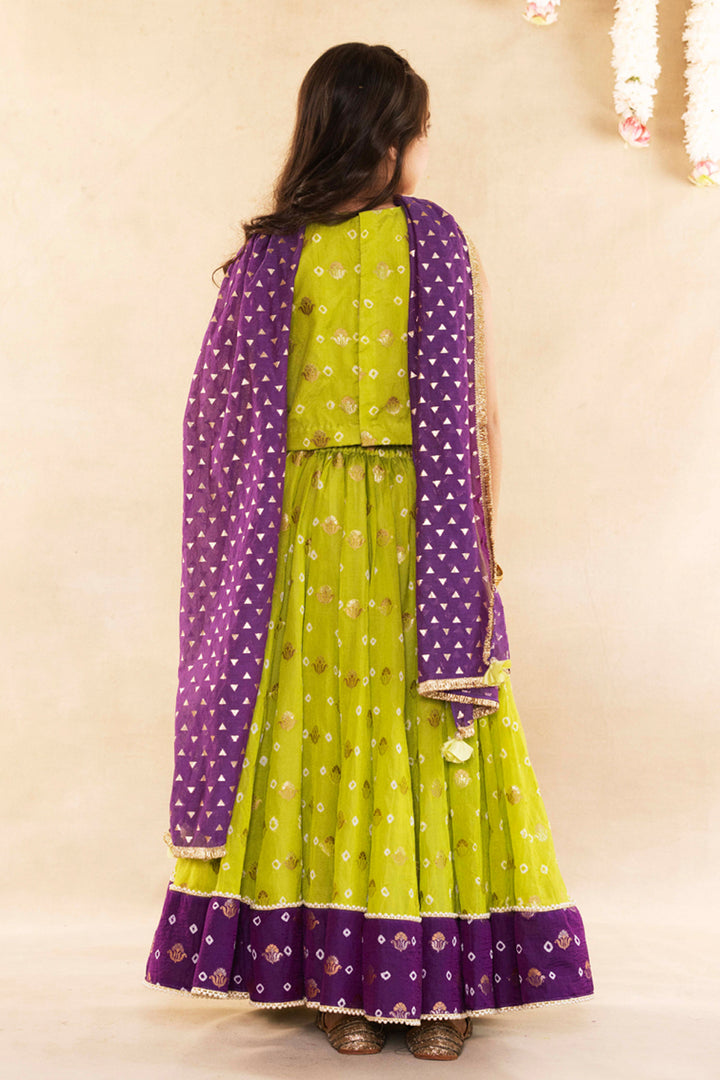 Mughal Motif Lime Green Blouse With Lime Green Lehenga Set