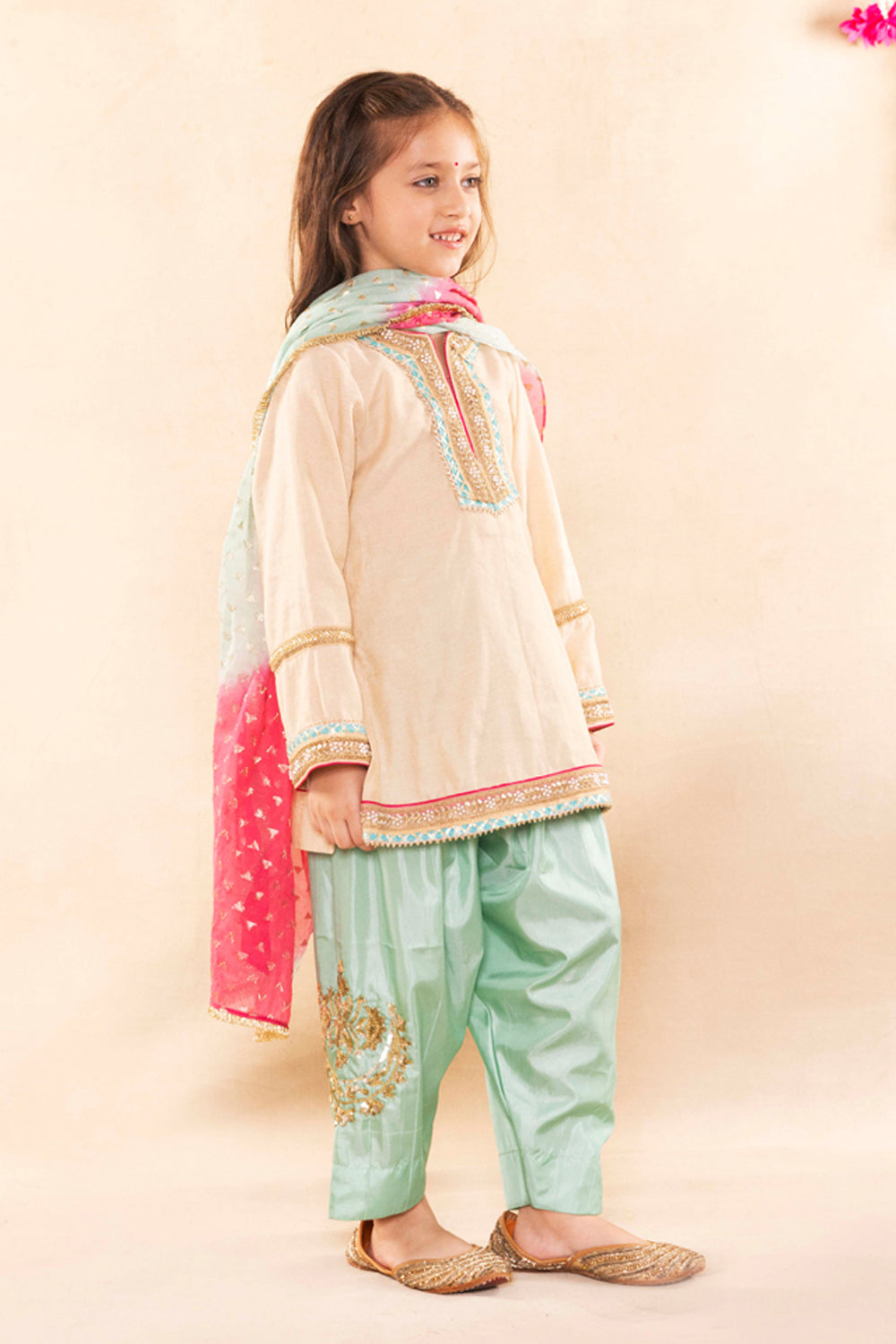 Beige Gold Kurta With Contrast Firozi Salwar Set