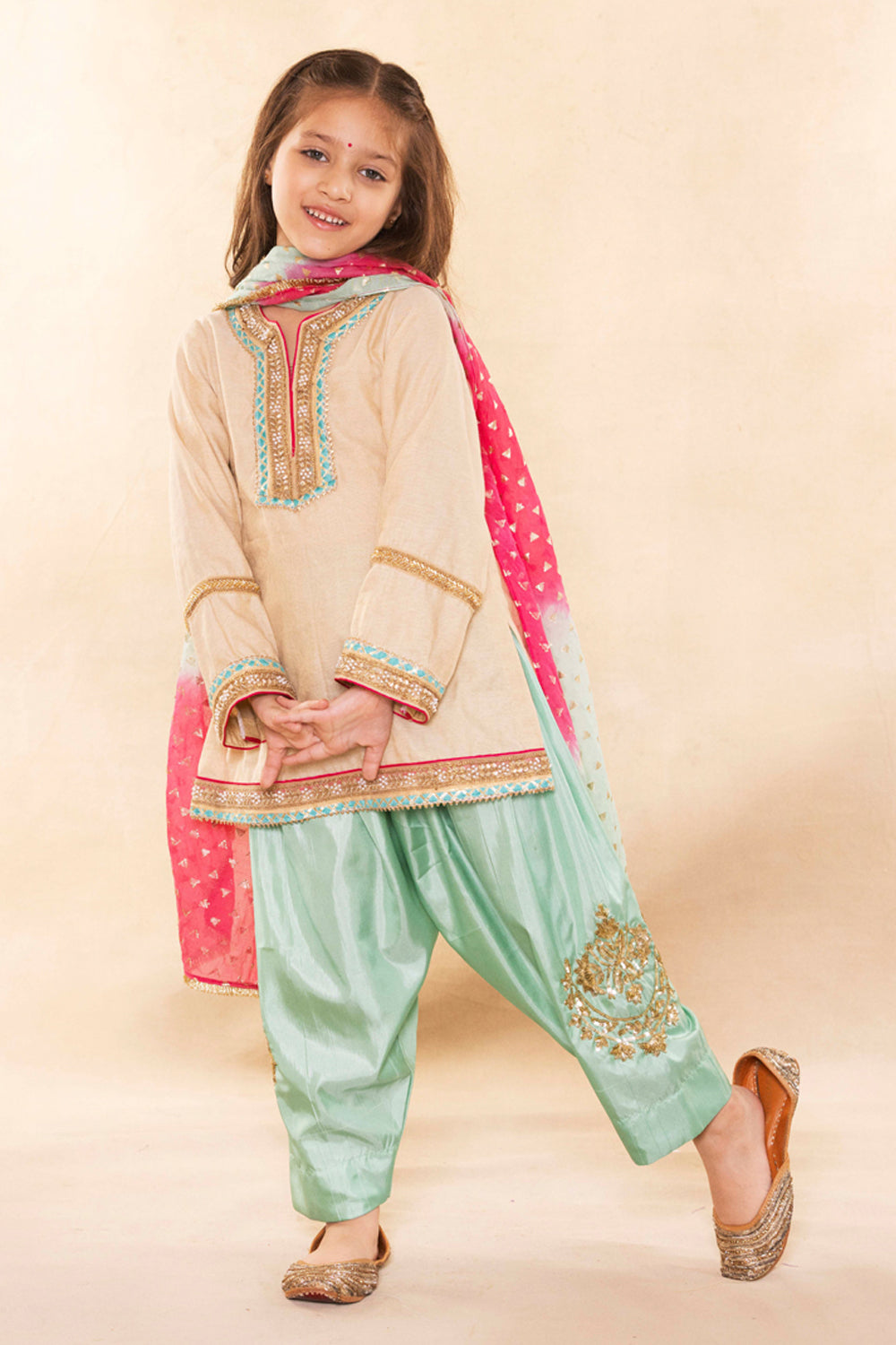 Beige Gold Kurta With Contrast Firozi Salwar Set