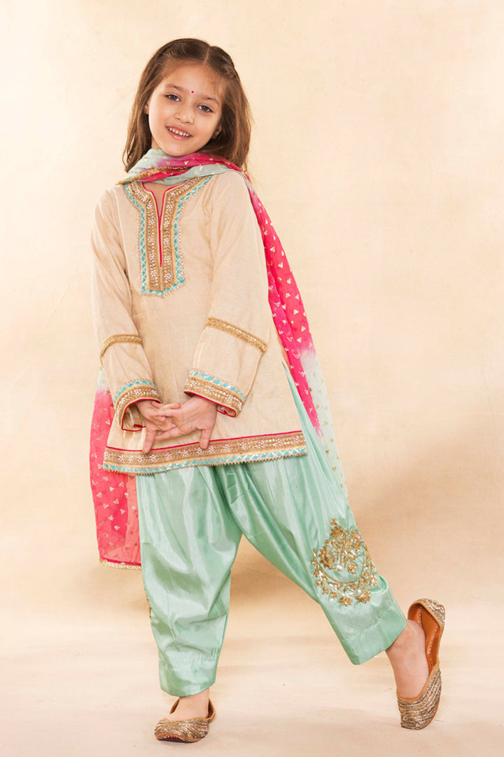 Beige Gold Kurta With Contrast Firozi Salwar Set