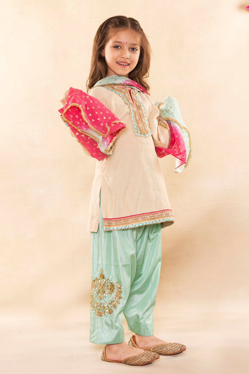 Beige Gold Kurta With Contrast Firozi Salwar Set