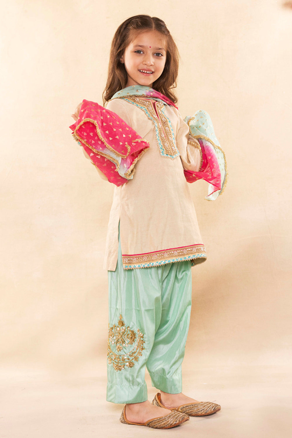 Beige Gold Kurta With Contrast Firozi Salwar Set