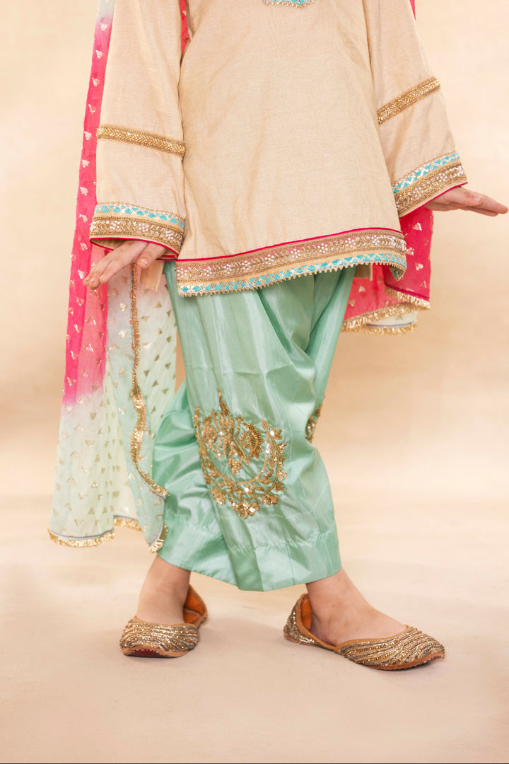 Beige Gold Kurta With Contrast Firozi Salwar Set