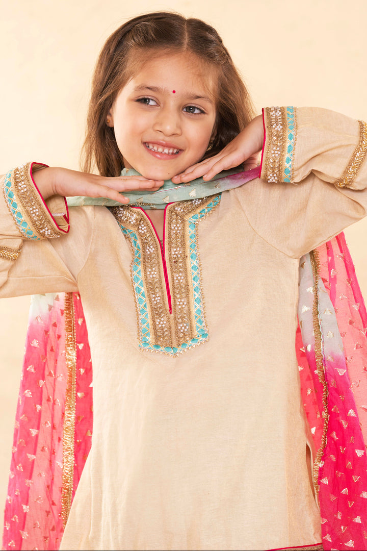 Beige Gold Kurta With Contrast Firozi Salwar Set