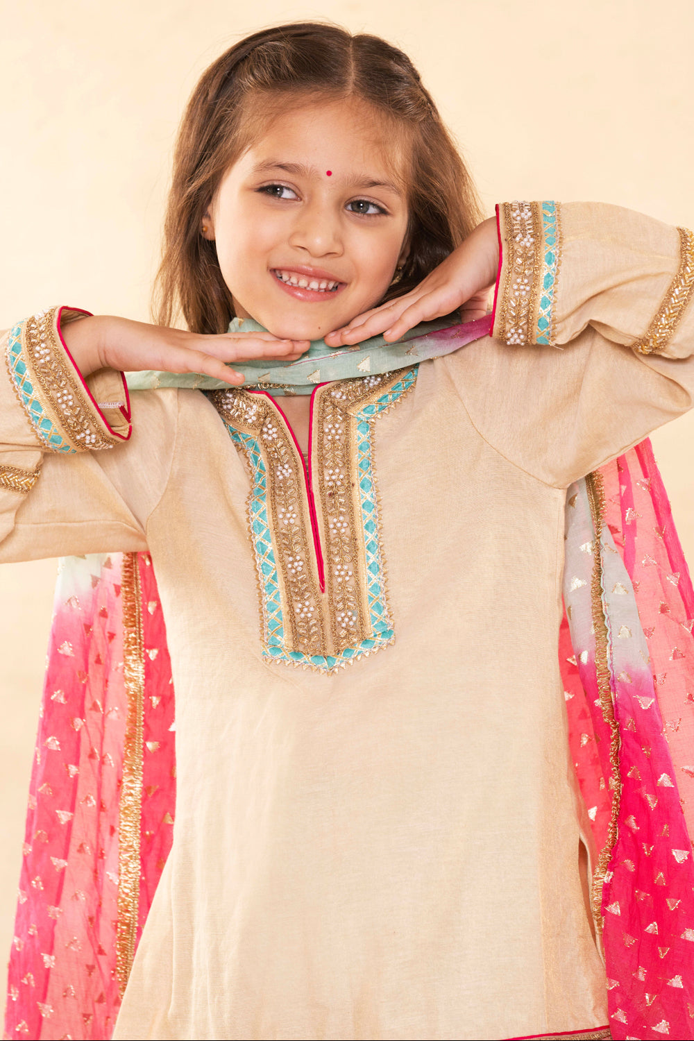 Beige Gold Kurta With Contrast Firozi Salwar Set