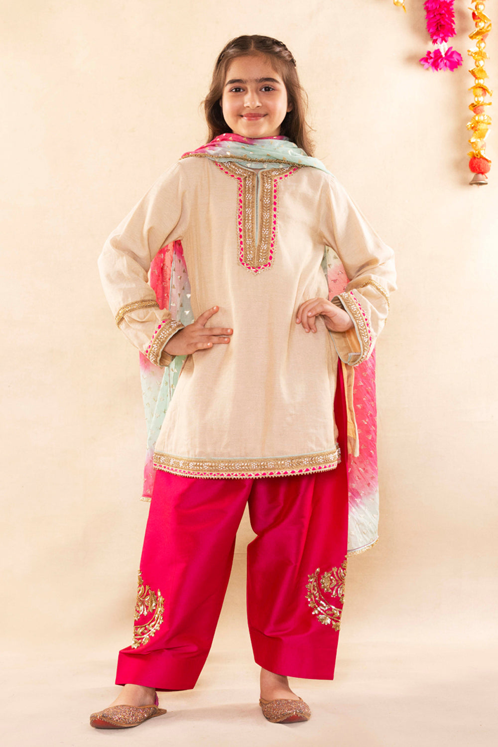 Beige Gold Kurta With Contrast Rani Pink Salwar Set