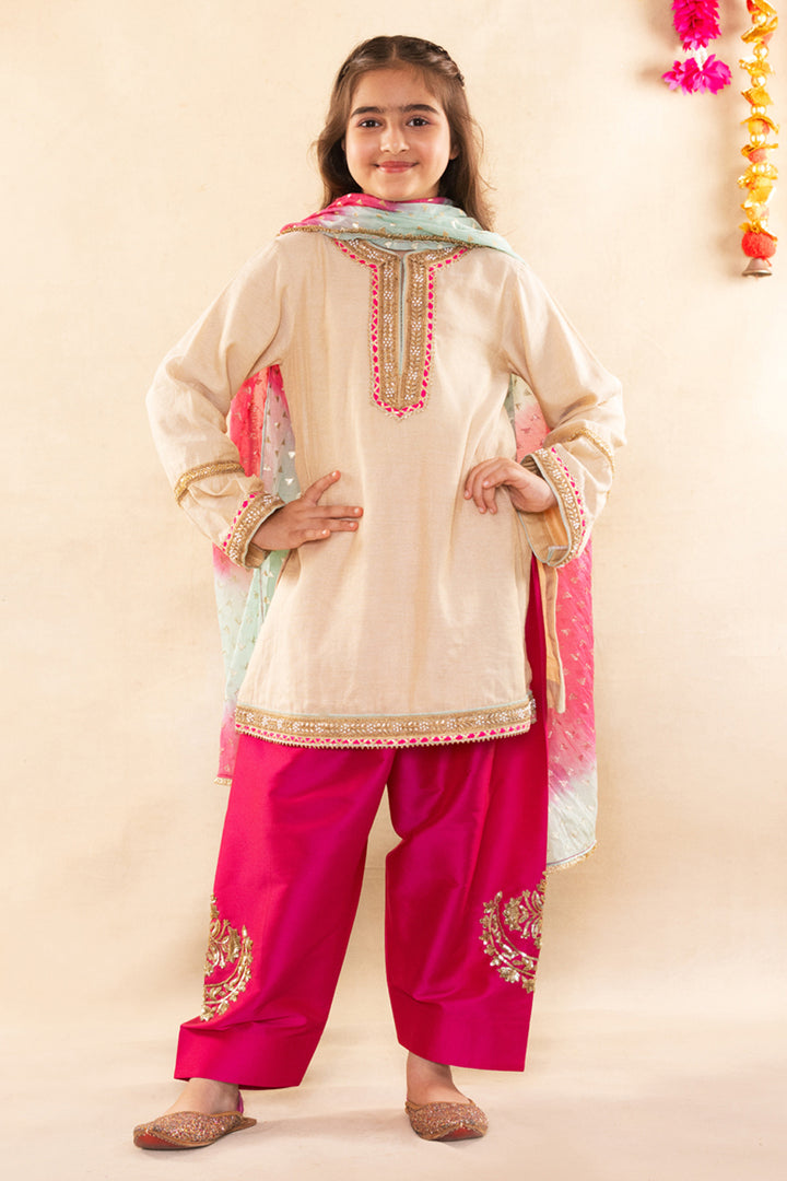 Beige Gold Kurta With Contrast Rani Pink Salwar Set