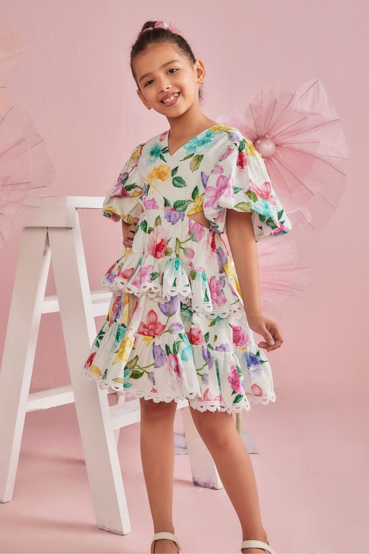 Multicolour Floral Print Tiered  Dress With Cut Out Waist