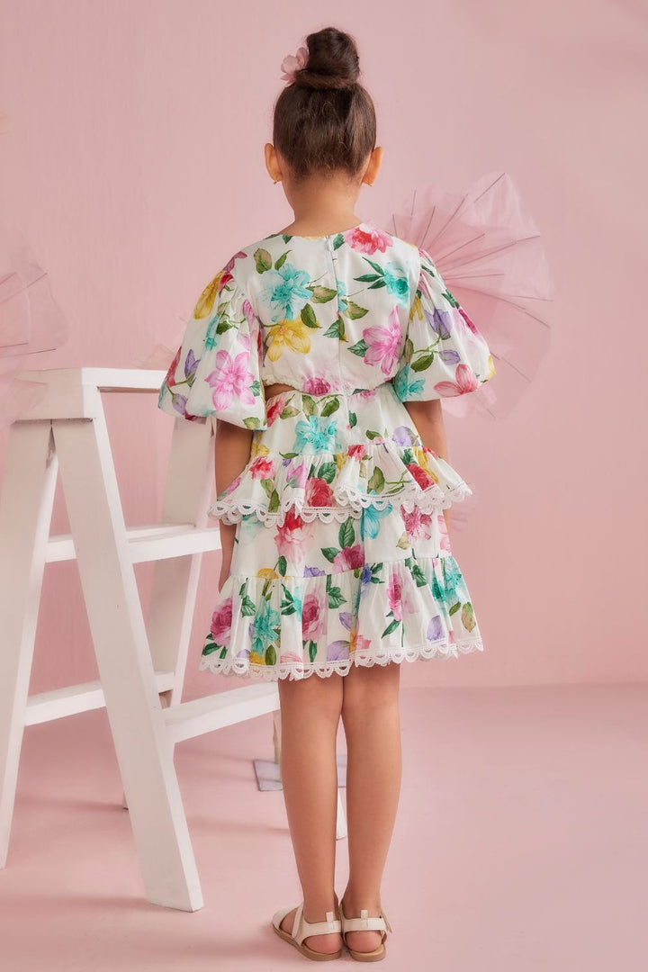 Multicolour Floral Print Tiered  Dress With Cut Out Waist