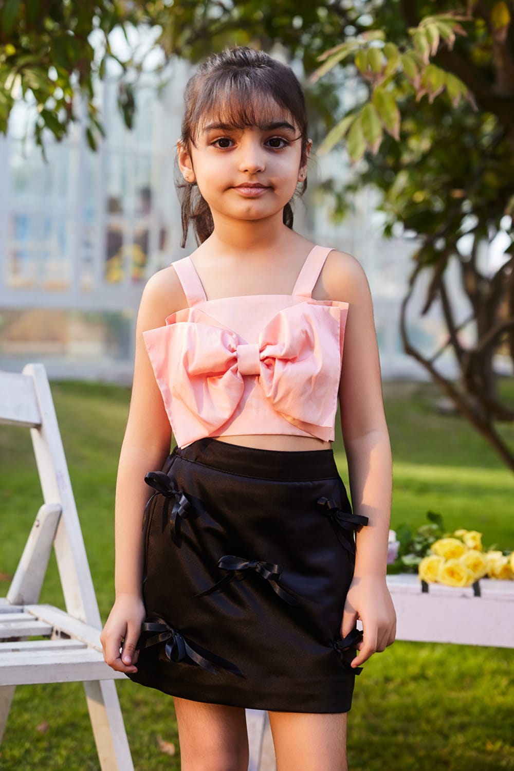 Big Bow Crop Top & Skirt Set – Peach Kids Co-ord Set | PNK – Isha Arora India