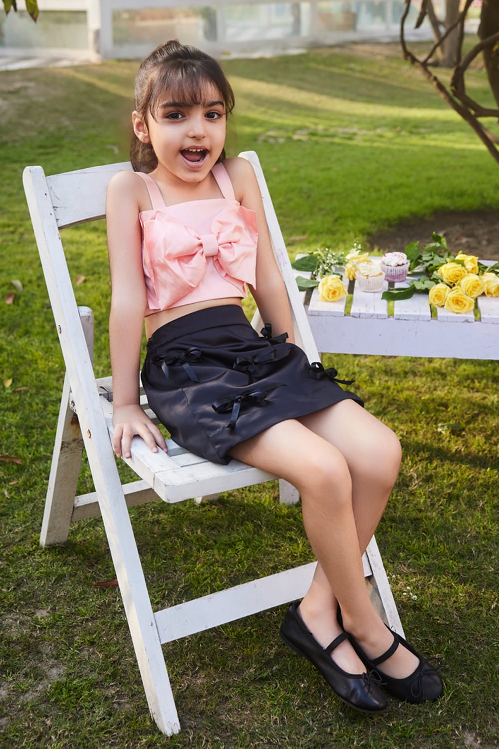 Big Bow Crop Top & Skirt Set – Peach Kids Co-ord Set | PNK – Isha Arora India