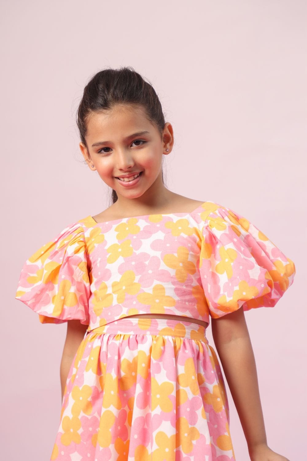 Flower Burst Crop Top and Skirt Set – Pink Kids Co-ord Set | PNK – Isha Arora India
