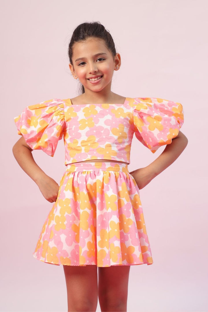 Flower Burst Crop Top and Skirt Set – Pink Kids Co-ord Set | PNK – Isha Arora India
