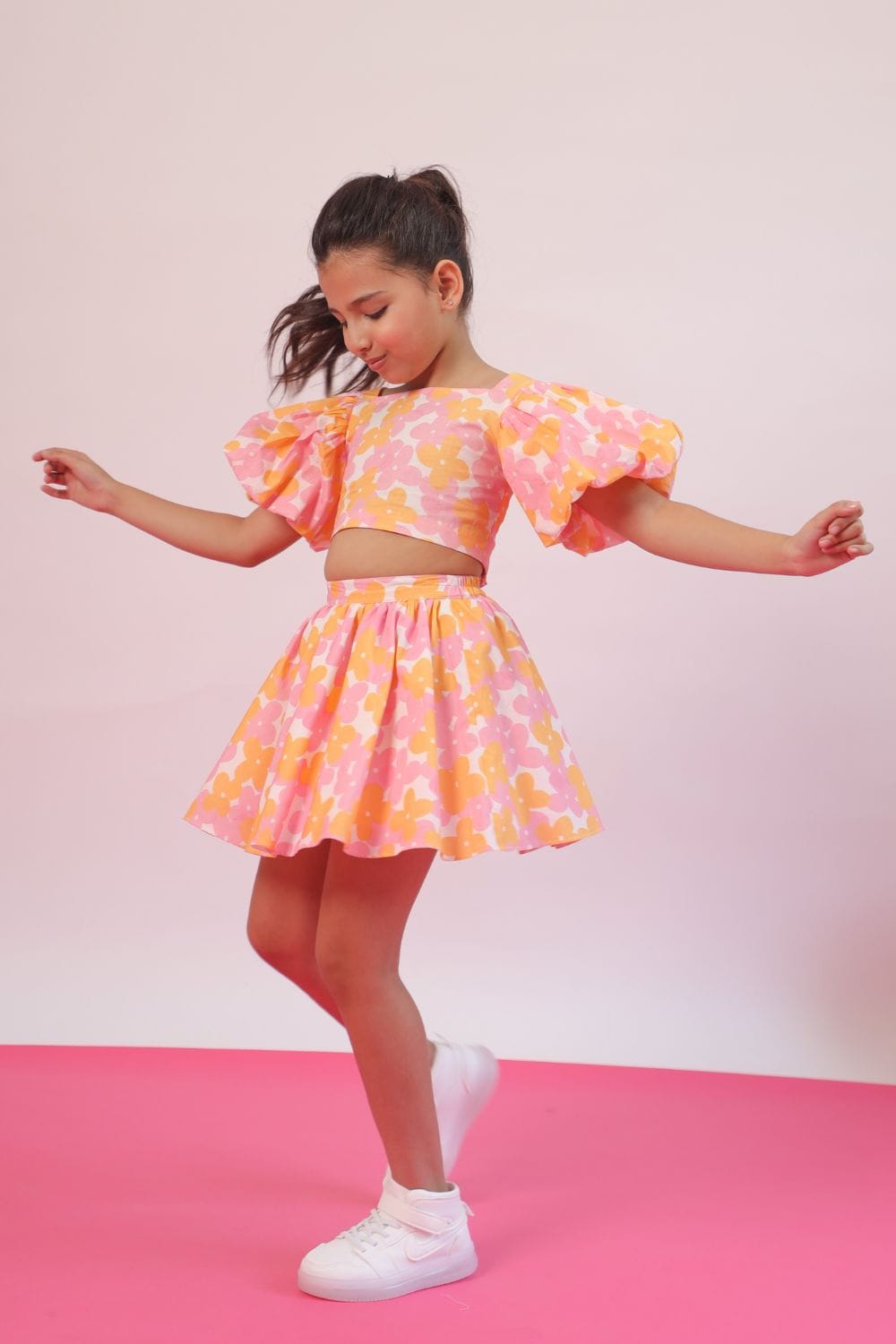 Flower Burst Crop Top and Skirt Set – Pink Kids Co-ord Set | PNK – Isha Arora India