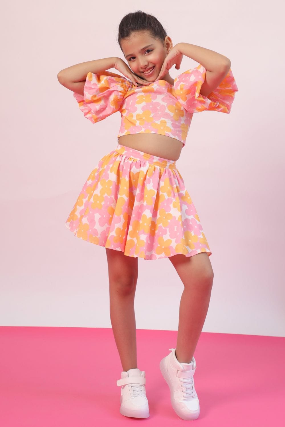 Flower Burst Crop Top and Skirt Set – Pink Kids Co-ord Set | PNK – Isha Arora India