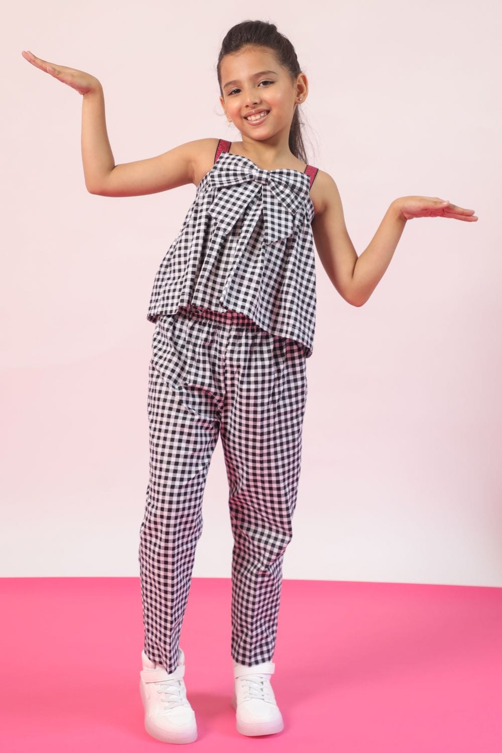 Ghingham Black and White Crop Top and Pants Set – Black Kids Co-ord Set | PNK – Isha Arora India