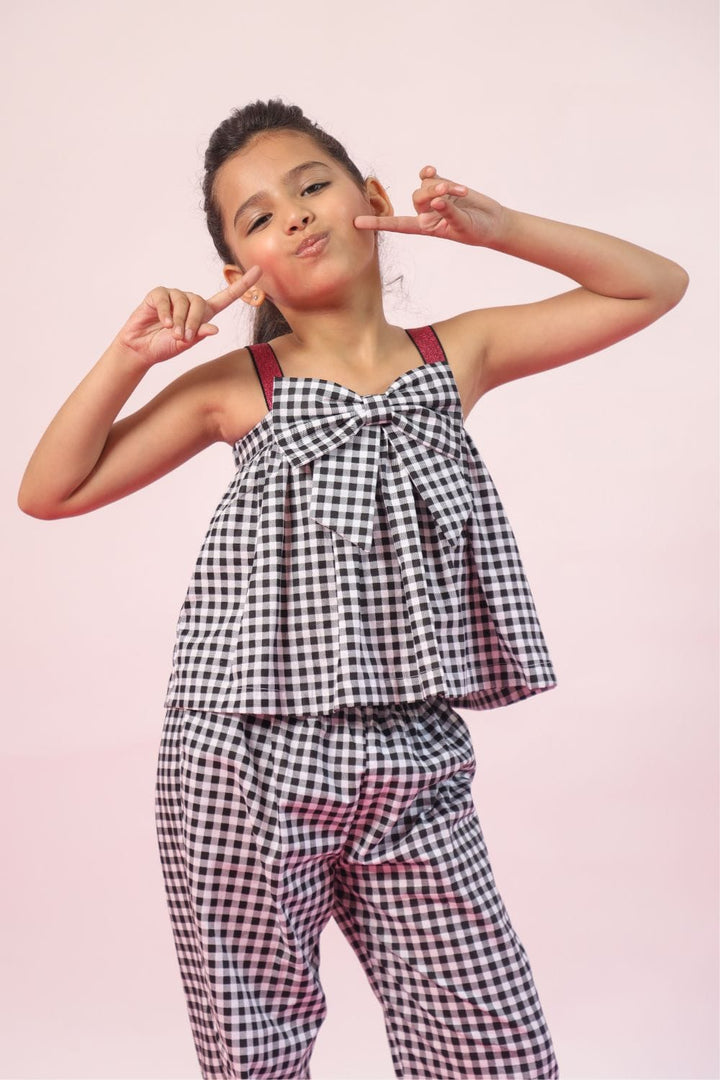 Ghingham Black and White Crop Top and Pants Set – Black Kids Co-ord Set | PNK – Isha Arora India