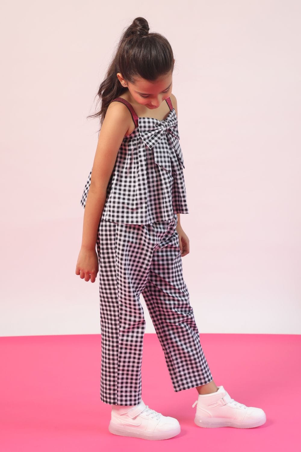 Ghingham Black and White Crop Top and Pants Set – Black Kids Co-ord Set | PNK – Isha Arora India