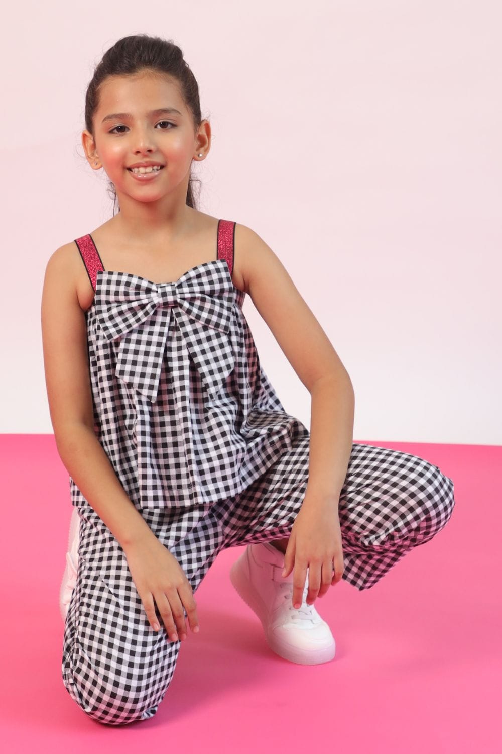 Ghingham Black and White Crop Top and Pants Set – Black Kids Co-ord Set | PNK – Isha Arora India
