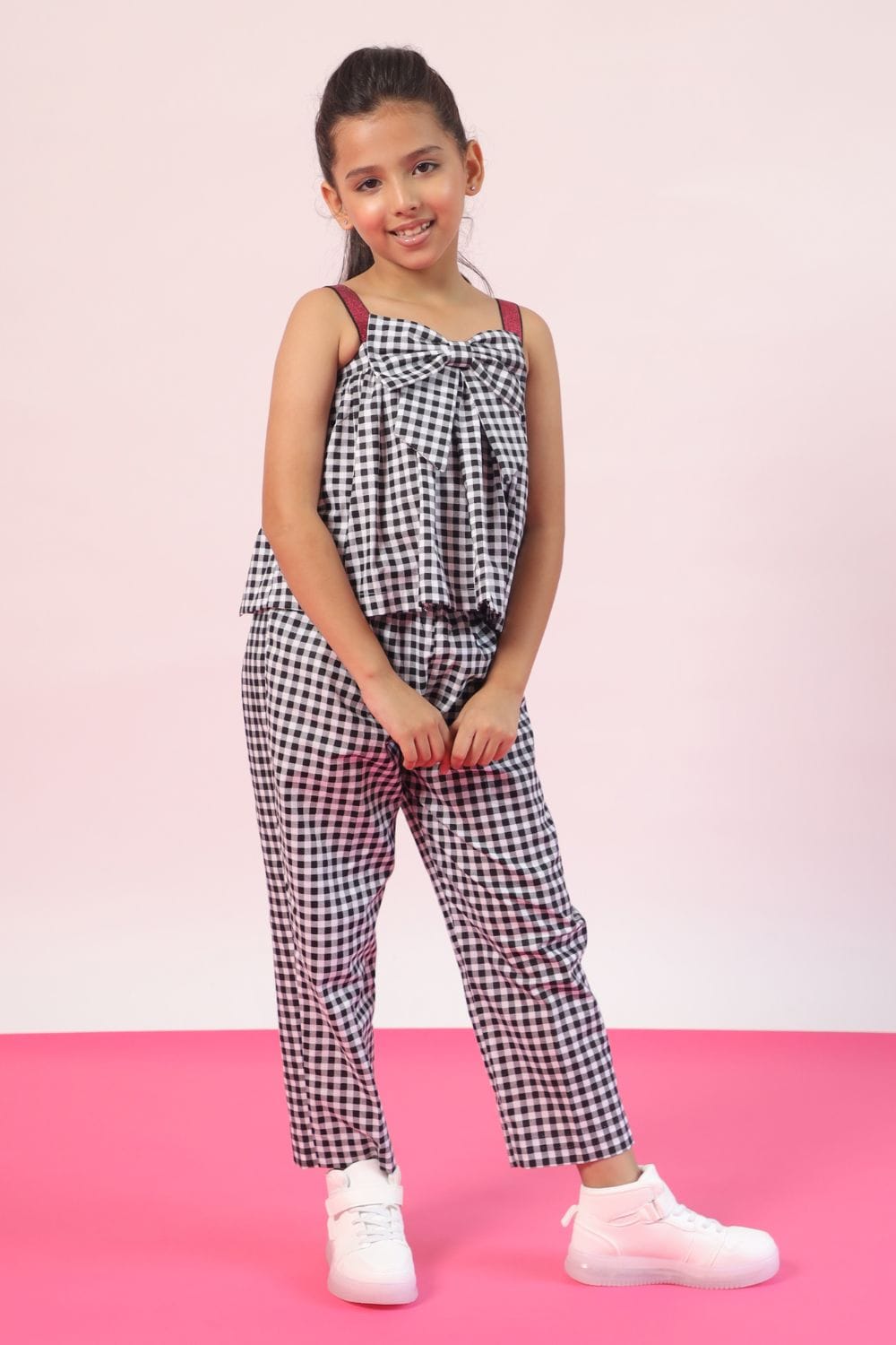 Ghingham Black and White Crop Top and Pants Set – Black Kids Co-ord Set | PNK – Isha Arora India
