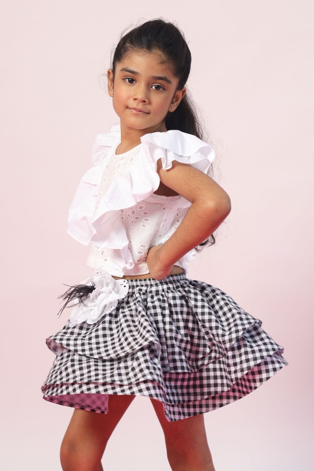 Ghingham Black & White Skirt and Top – Black Kids Co-ord Set | PNK – Isha Arora India
