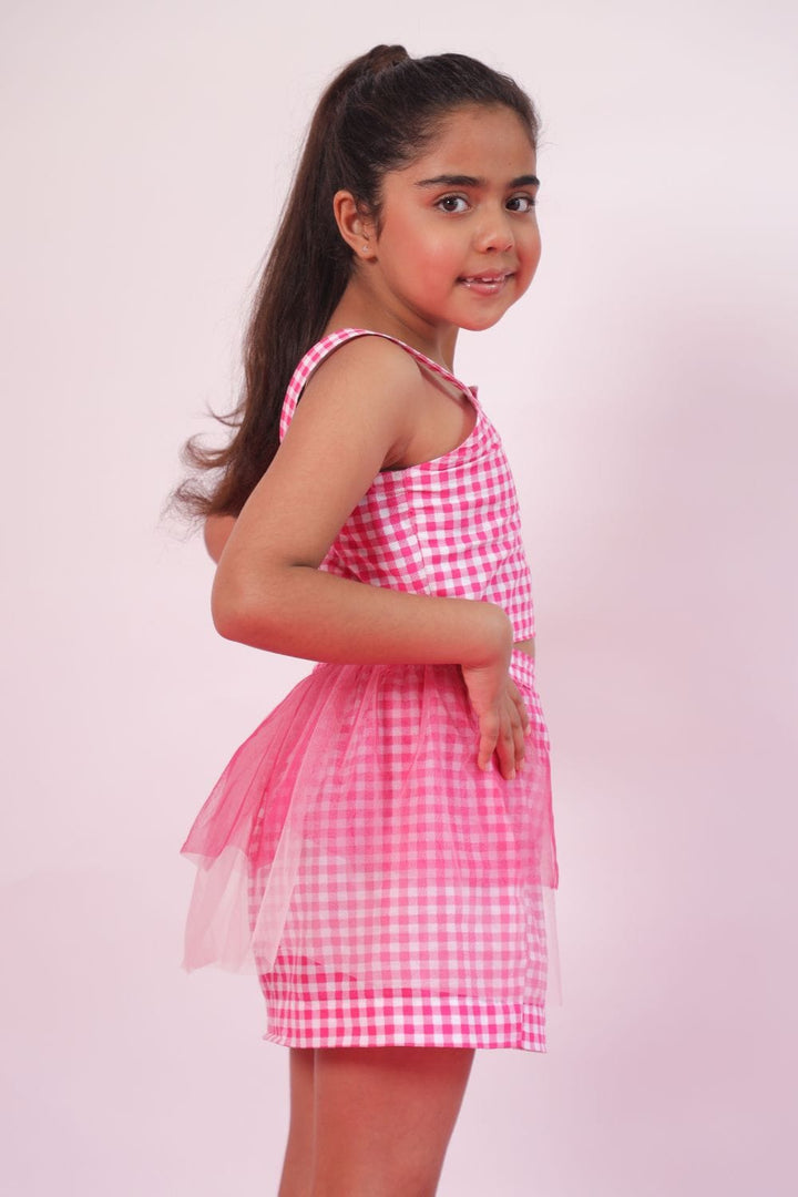 Ghingham Check Crop Top and Skirt Set With Detachable Net Overlay Skirt – Pink Kids Co-ord Set | PNK – Isha Arora India