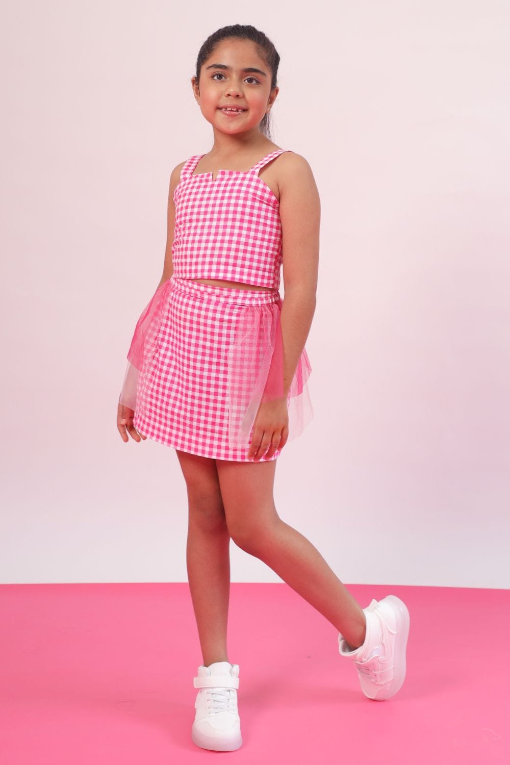 Ghingham Check Crop Top and Skirt Set With Detachable Net Overlay Skirt – Pink Kids Co-ord Set | PNK – Isha Arora India