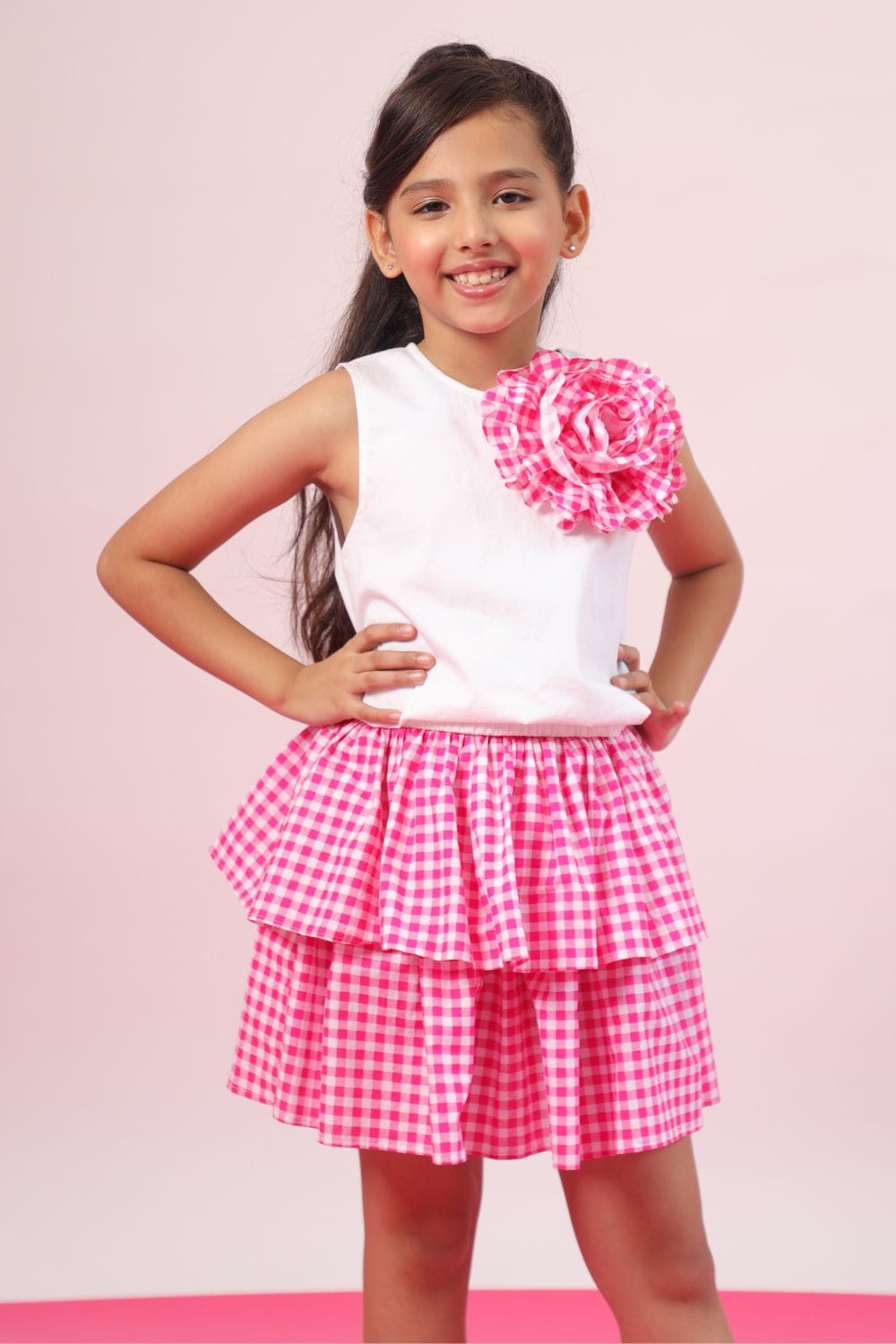 Ghingham Check in Barbie Pink' Crop Top and Skirt Set – Pink Kids Co-ord Set | PNK – Isha Arora India