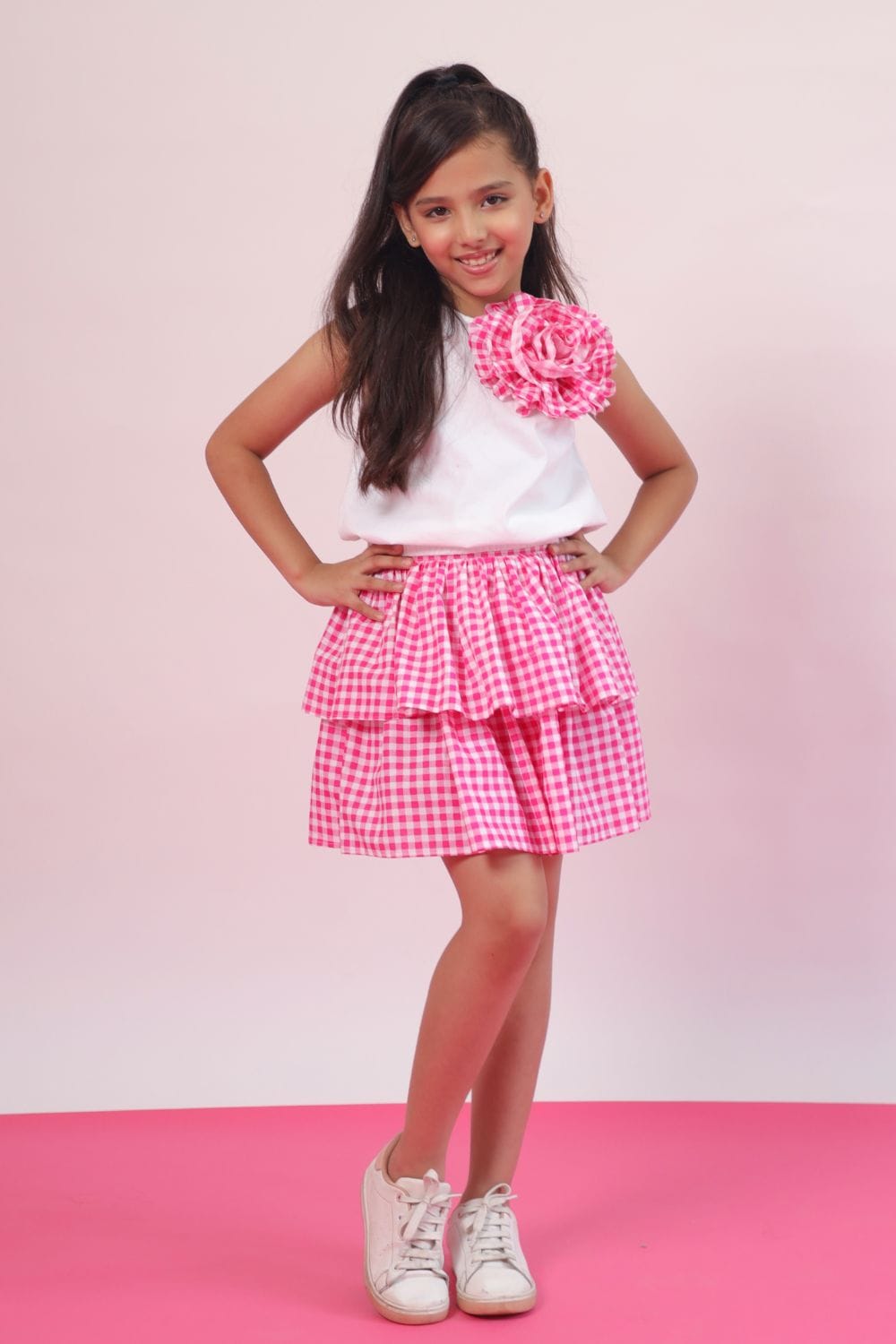 Ghingham Check in Barbie Pink' Crop Top and Skirt Set – Pink Kids Co-ord Set | PNK – Isha Arora India