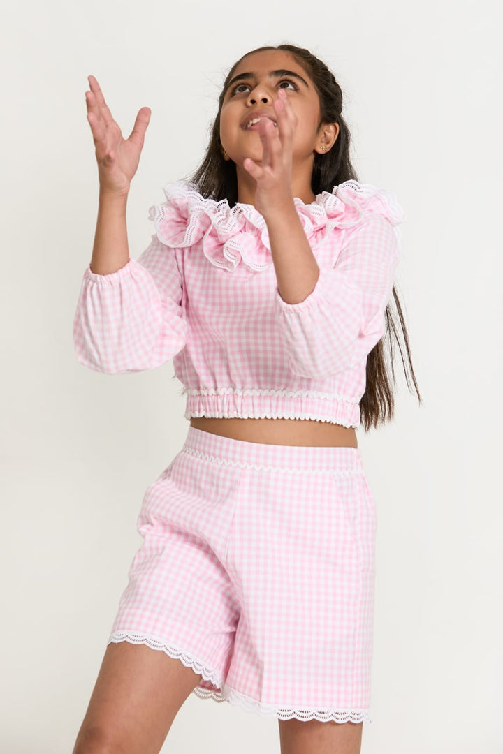 Gingham Check Shorts & Crop Top Set – Pink Kids Co-ord Set | PNK – Isha Arora India