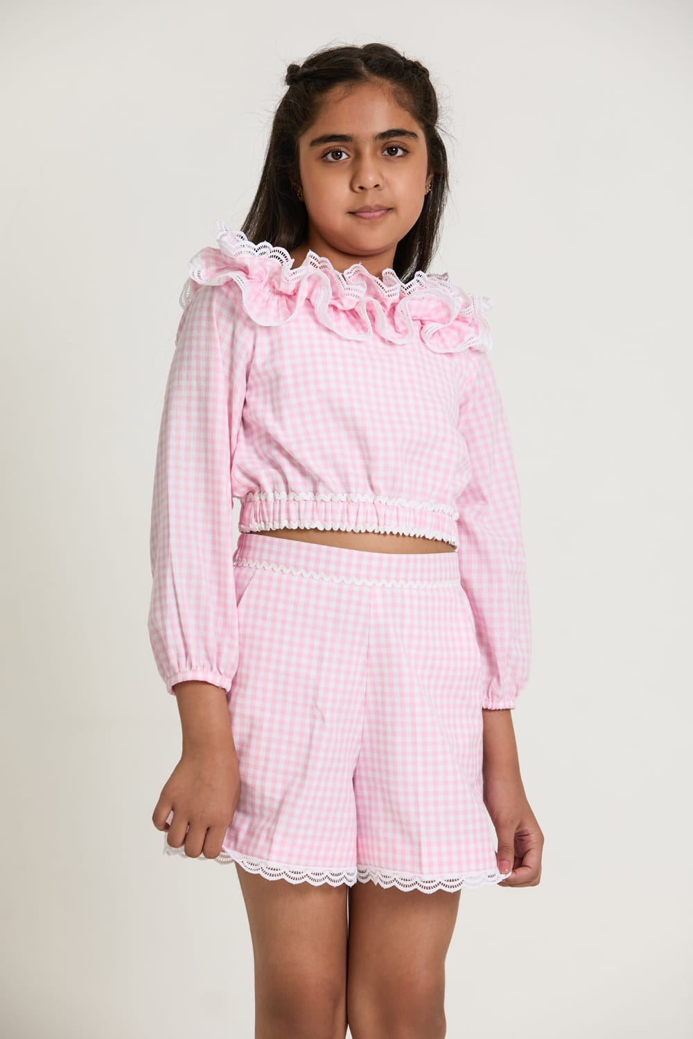 Gingham Check Shorts & Crop Top Set – Pink Kids Co-ord Set | PNK – Isha Arora India